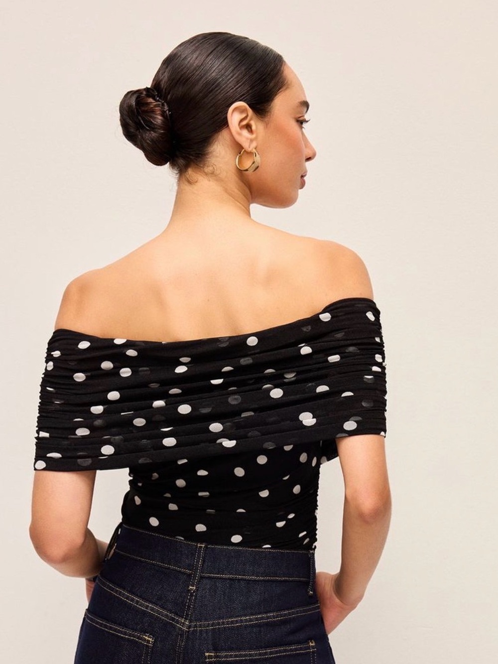 Commense Black Polka Dot Off-the-Shoulder Bodysuit - Picture 3 of 6